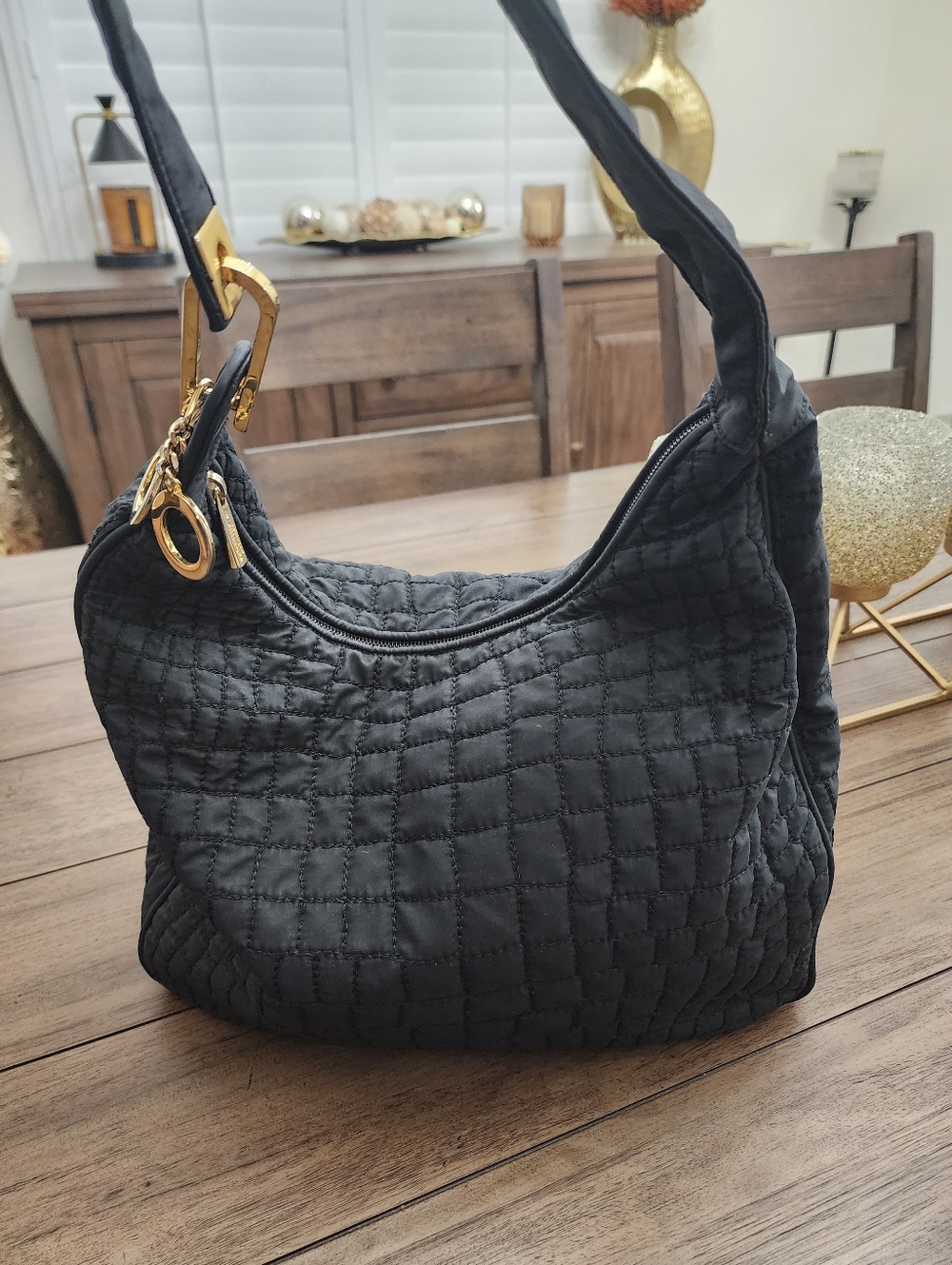 ValentinonOrlandi Black Quilted Adjustable Shoulder Bag with Gold Hardware